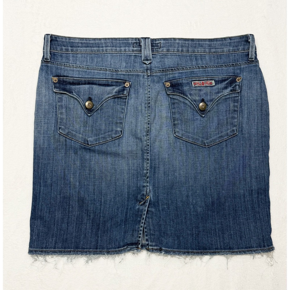 Hudson Denim Skirt Women's 34" Frayed Hem Flap Pockets Blue Stretch Made in USA